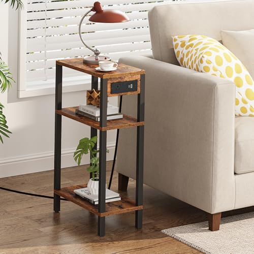 TUTOTAK Narrow Side Table, 3-Tier Small End Table with Charging Station | Skinny Sofa Table, Slim Nightstand, Easy Assembly for Living Room, Bedroom, Brown TB01BB079 - color: Brown, size: 3-tier