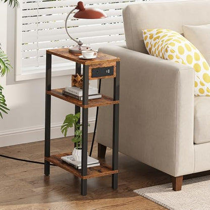 TUTOTAK Narrow Side Table, 3-Tier Small End Table with Charging Station | Skinny Sofa Table, Slim Nightstand, Easy Assembly for Living Room, Bedroom, Brown TB01BB079 - color: Brown, size: 3-tier