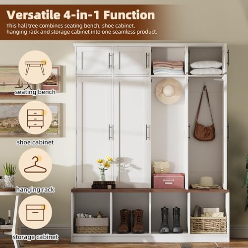 JIVOIT 75" H Farmhouse Hall Tree with Storage, Versatile 4-in-1 Coat Hanger with 4 Hidden Hanging Hooks, 8 Doors, Entryway Shoe Cabinet with Open Compartments for Living Room - color: White//23