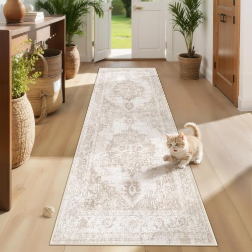 Area Rug 2x8 Runner Rug: Washable Vintage Hallway Rugs Indoor Medallion Rug Low Pile Distressed Floor Carpet Retro Accent Rugs for Kitchen Bedroom Bathroom Dining Room(Beige, 2'x8') - color: Beige, size: 2' x 8' (Rectangular)