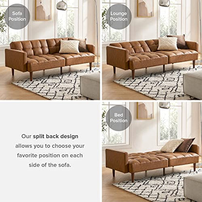 mopio 76.4" Futon Sofa Bed Tufted Styled, Sleeper Couch (Pecan Brown Faux Leather) - color: Aaron Pu, Pecan Brown