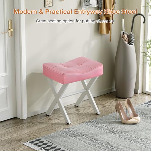 18-Inch Leather Vanity Stool Chair, Pink Saddle Vanity Stool | Vanity Bench, Metal X-Leg, 300 LBS, 16.3"x12.4"x18", Ottoman Accent Stool, Thick Padded Saddle Seat, For Living Room, Bedroom - size: Small, style: Pink Leather