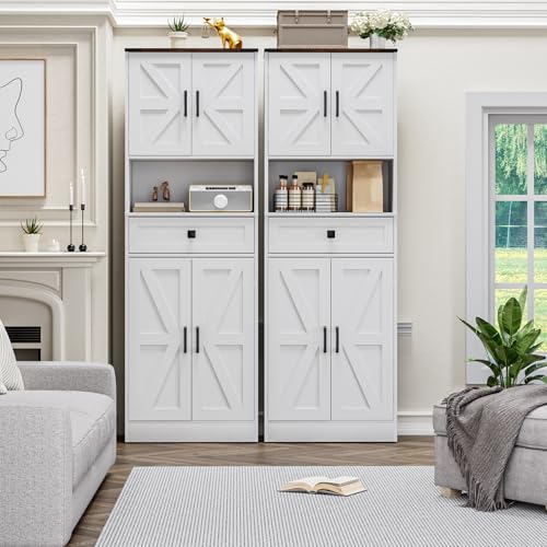 Farmhouse Kitchen Pantry Cabinet, 67" Tall Kitchen Storage Cabinet, Kitchen Hutch with Microwave Stand & Barn Doors and Drawers for Dining Room, Living Room, Study - color: White, style: Farmhouse