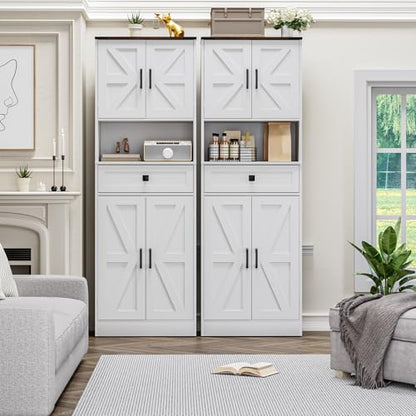 Farmhouse Kitchen Pantry Cabinet, 67" Tall Kitchen Storage Cabinet, Kitchen Hutch with Microwave Stand & Barn Doors and Drawers for Dining Room, Living Room, Study - color: White, style: Farmhouse