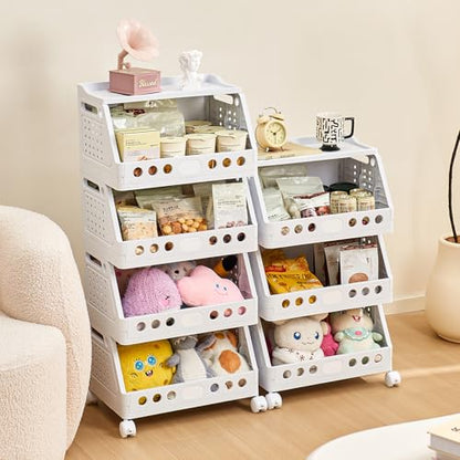 UFORU 4 Tier Rolling Storage Cart,Plastic Open Storage Basket with Wheels | Rolling Storage Shelf for Kitchen,Bathroom,Bedroom and Living Room,Versatile Home Organization for Books,Toys