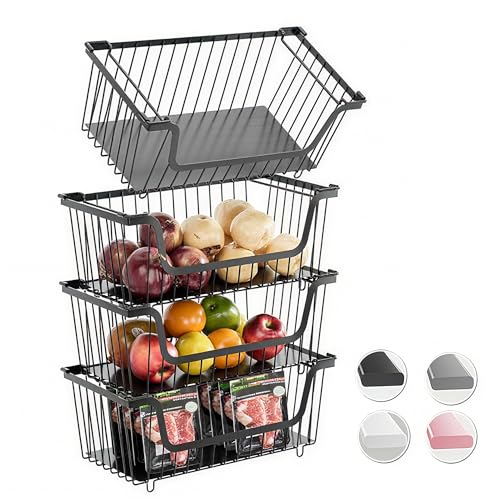 4 Pcs Stackable Wire Baskets Pantry Organizers and Storage Bins,Black | Breathable Metal Design with Rotating Handle,Idea for Potato Onion Fruit Snack Veggie Kitchen Countertop Freezer Organization - color: 1-Black
