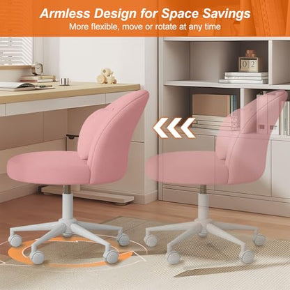 Desk Chair with Soft Cushion, Adjustable Height Armless Office Chair Upholstered Makeup Vanity Chair, Swivel Accent Chair for Living Room, Bedroom, Study, Home Office - color: Solid Pink