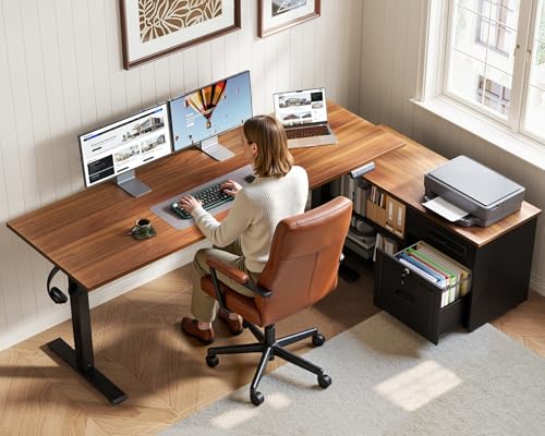 55" L Shaped Electric Standing Desk with Cabinet Sets, Walnut/Black (Pack of 2) - color: Walnut+black, size: 55 Inch (Pack of 2)