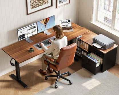 55" L Shaped Electric Standing Desk with Cabinet Sets, Walnut/Black (Pack of 2) - color: Walnut+black, size: 55 Inch (Pack of 2)