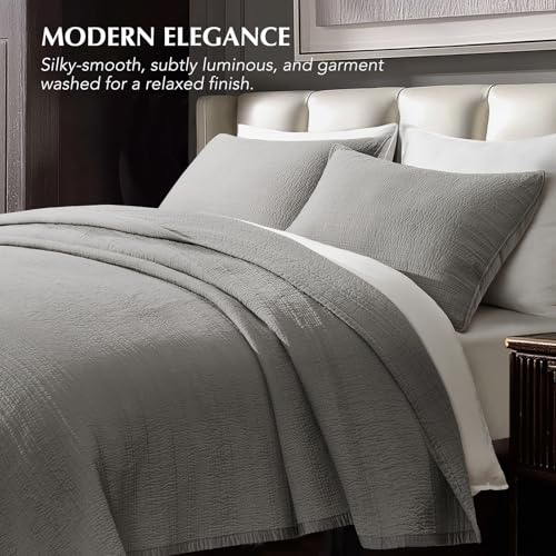 EVERGRACEHOME Cotton Sateen Channel Quilt Set, King Size, Fog Gray | 100% Cotton, Pre-Washed Soft Coverlet Bedspread, 3-Piece Refined Channel Stitch Bedding Set for All Season, 2 Pillow Shams - color: Fog Gray - Refined Channel, size: King (110" X 92")