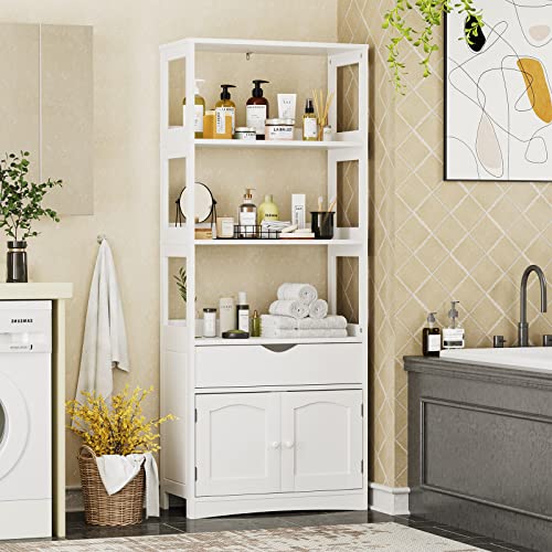 DICTAC Kitchen Pantry Storage Cabinets Freestanding Tall Bathroom Cabinet with Shelves and Drawer 64''H Sideboard Microwave Space Cupboard Organizer for Home Office,White, 23.62x13x64.06inch - size: 23.62x13x64.06inch