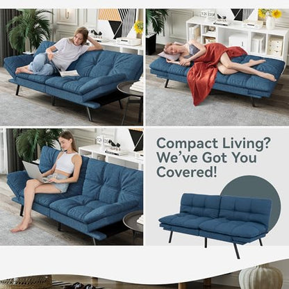 Futon Sofa Bed Convertible Couch, Blue Linen Sofa Bed | Adjustable Backrest & Armrests, Multifunctional Small Loveseat Sleeper Sofa for Living Room, Apartment, Office, Foam Couch - color: A3 | Blue