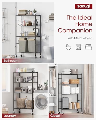 Sakugi 4-Tier Storage Shelves 33.1" x12.6" x58.9" Black with Wheels | Kitchen, Closet, Pantry, Garage, Heavy Duty, Adjustable Feet, Metal Construction - color: Black, size: 33.1W x 12.6D x 58.9H(4T)