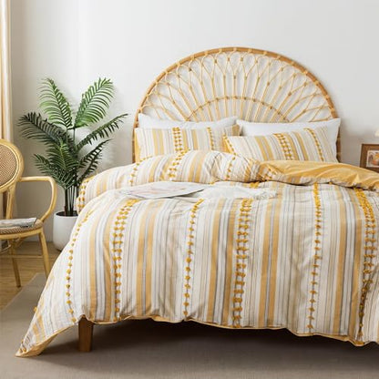 Washed Cotton Full Size Duvet Cover Set - Tufted Dots Boho Chic Bedding for All Seasons, Striped Bohemain Bedding Linen Like Textured Breathable Durable Soft Comfy (Yellow, 89''x90'') - color: Yellow, size: Full