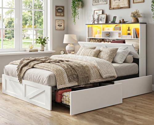 AOGLLATI Twin Bed with Storage Bookcase Headboard and 4 Drawers,Wooden Farmhouse Twin Bed Frame with Charging Station, Led Lights & Metal Slats,White - color: White, size: Twin