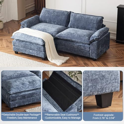 VINGLI 221cm(87인치) 클라우드 섹션 소파, 거실용 편안한 L자형 엑스트라 딥 시트 소파 카우치, 작은 공간을 위한 오토만 포함 모던 2인용 컨버터블 2인용 소파 (네이비 블루) - color: 셔닐 네이비 블루, size: 2-seaters-1-Ottoman