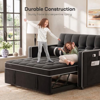 Marsail 3-in-1 Convertible Futon Sleeper Sofa Bed, Pull Out Couch with Adjustable Backrest, USB Charging & Side Pockets, Velvet Fabric Sofa for Living Room, Apartment, Loveseat, Dark Black - color: Dark Black