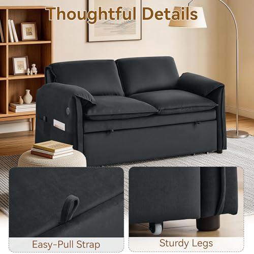 63" 3-in-1 Velvet Convertible Sleeper Sofa Bed, Modern Adjustable Backrest Loveseat Pull Out Couch with USB & Side Pocket, Small Space Love Seat Sofa Bed for Living Room, Bedroom, Dark Grey Velvet - color: Dark Grey