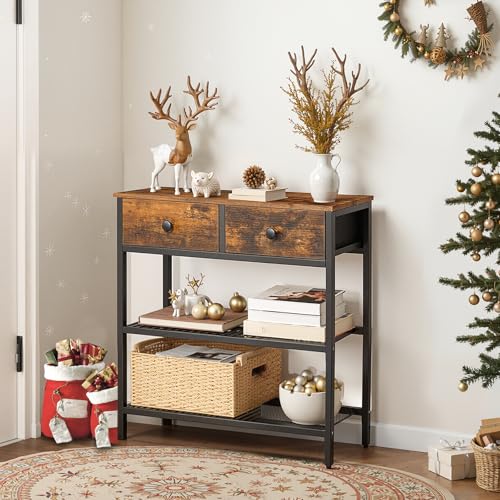 HOOBRO 29.5" Narrow Console Table with 2 Fabric Drawers, Sofa Table, Small Entryway Table with 3-Tier Storage Shelves, Behind Couch Table, for Living Room, Hallway, Rustic Brown and Black BF72XG01 - color: Rustic Brown + Black
