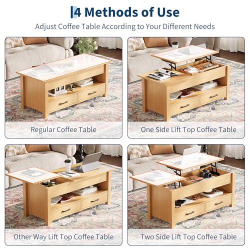 Multifunctional Lift Top Coffee Table, Convertible Wooden Coffee Table with 2 Drawers & Hidden Compartment, Storage Center Table for Living Room Home Office,Natural - color: Natural Wood
