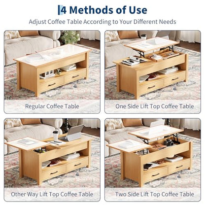 Multifunctional Lift Top Coffee Table, Convertible Wooden Coffee Table with 2 Drawers & Hidden Compartment, Storage Center Table for Living Room Home Office,Natural - color: Natural Wood
