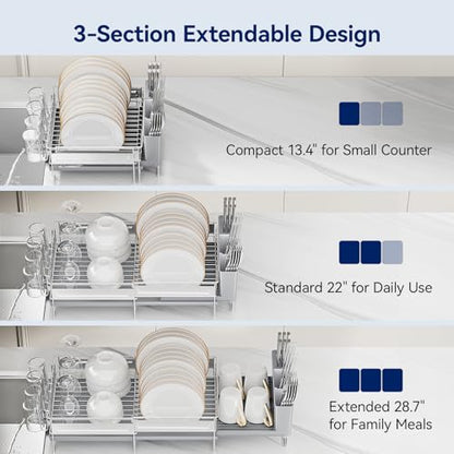 Stainless Steel Dish Drying Rack - Expandable Dish Racks for Kitchen Counter Organizer with Drain Board, Detachable Utensil & Cup Holder, Dish Drainer for Small Kitchen Counter, Grey - color: Gray