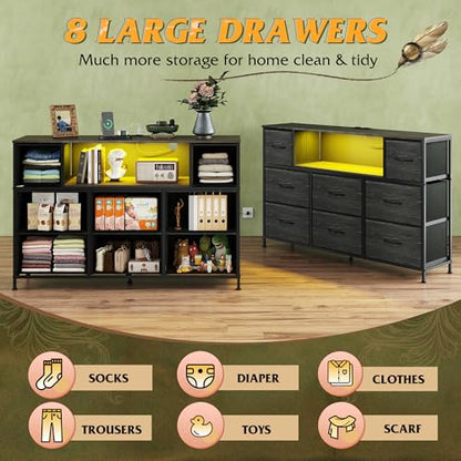WLIVE Dresser TV Stand for 55 Inch TV, 8 Drawers, LED, Black Wood Grain | Fits TVs up to 55 inch, 8 fabric drawers, Built-in power outlet, Chest of drawers, Living room or bedroom - color: Charcoal Black Wood Grain