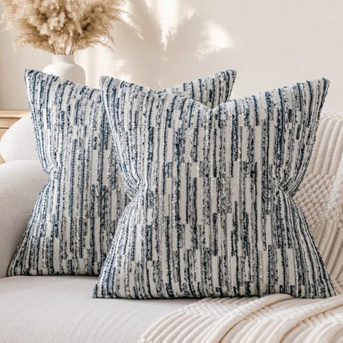a moment Boho Striped Decorative Throw Pillow Covers 16"X16" Set of 2,Blue | Rustic Farmhouse Pillow Cases,Aesthetic Modern Home decor,Couch Cushion Covers,For Bed Sofa Living Room - color: Blue, size: 16" x 16" (Pack of 2)