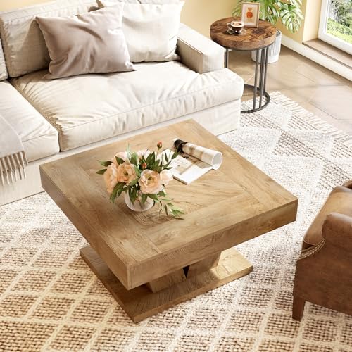 LITTLE TREE Square Coffee Table, Modern Rustic Coffee Table for Living Room, Wooden Table with Adjustable Feet, Oak - color: Oak