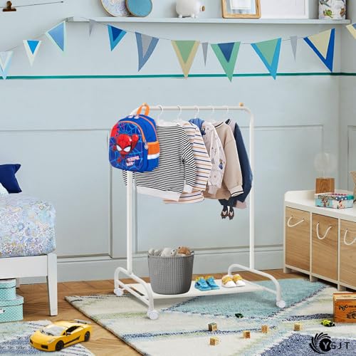 Kids Clothing Rack, Dress Up Rack for Little Girls, Baby Garment Rack | Small Toddler Clothes Rack for Hanging Clothes with Wheels & Storage Shelf, Kids Dress Up Storage for Coats|Costume Wardrobe - color: White