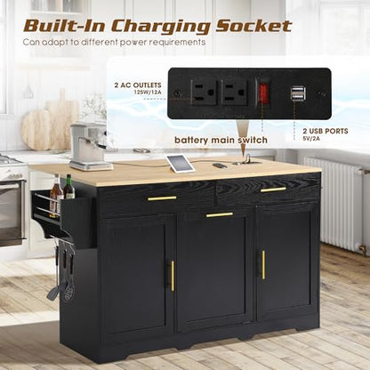 60" Kitchen Island with Power Outlet, Drop Leaf, Trash Can Storage | Rolling Kitchen Island Table Cart Cabinet with Drawer, Mobile Kitchen Cabinet on Wheels w/Spice Rack, Towel Bar, Hooks - color: Black, size: 60"