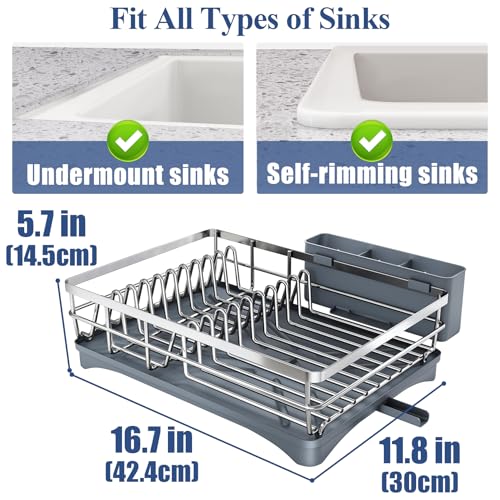 SNTD Dish Drying Rack for Kitchen Counter, 11.8" W x 16.7" L, Silver | Rustproof Stainless Steel, Large Capacity, Self-Draining Drainboard, Rotating Spout, Removable Utensil Holder - color: Silver