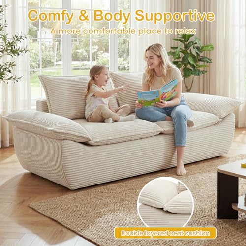 Boneless Loveseat 56", 2-Seater Beige Boneless Sofa with Removable Cushions & 2 Pillows, Small Boneless Couch Compress Foam Sofa for Living Room, Apartments, & Office - color: Beige, size: Loveseat（56")