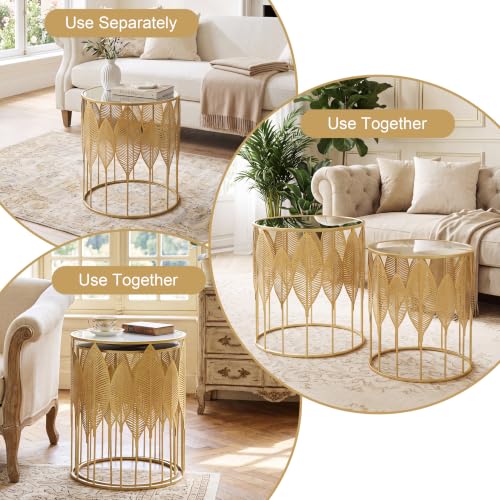 Homebeez Gold Nesting Tables Set of 2, Stainless Steel Top Round End Table | with Glam Leaf Design for Living Room & Bedroom, No Assembly Required - color: Gold Leaf