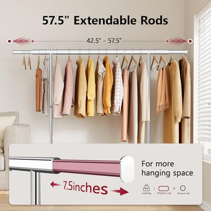 Clothes Rack with 2 Shelves, Heavy Duty Load 350 LBS, Chrome | Rolling Clothing Rack, Adjustable Length and Height, Garment Rack with Wheels for Bedroom, Student Dormitory and Laundry Room - color: Chrome