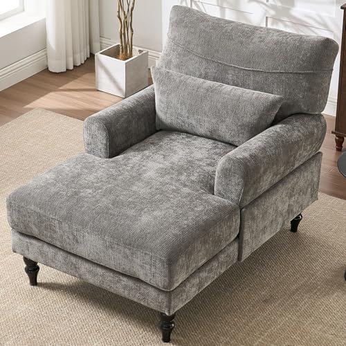 Chaise Lounge Chair Indoor Bedroom, Comfy Lounge Chair with Wide Armrest & Backrest for Small Space, Thick Cushion, High-Density Foam, Waist Pillow, Chenille (Grey) - color: Grey