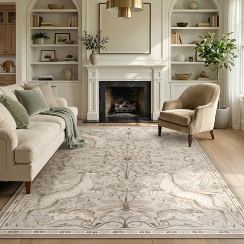 Lahome 6x9 Washable Area Rug for Living Room, Woodland Deer Boho Animal Rug, Vintage Botanical Beige Non-Slip Low Pile Large Carpet for Bedroom Dining Room Nursery Farmhouse Decor - color: Beige, size: 6' x 9' (Rectangular)
