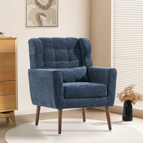 Modern Accent Chair, Upholstered Armchair with Pillow, Fabric Single Sofa Chair with Lounge Seat and Wood Legs Accent Chair for Living Room Bedroom Small Spaces (Dark Blue) - color: Dark Blue, size: Set of 1