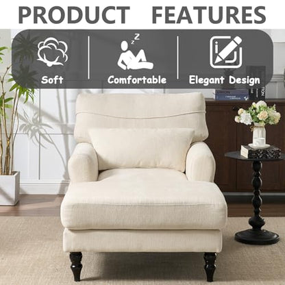 Chaise Lounge Chair Indoor Bedroom, Comfy Lounge Chair with Wide Armrest & Backrest for Small Space, Thick Cushion, High-Density Foam, Waist Pillow, Chenille (White) - color: White