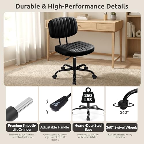 Swivel Rolling Office Chair, Armless Pu Leather Vanity Chair with Back Lumbar Support Height Adjustable Computer Chair, Small Desk Chair for Home Office, Black - color: Black