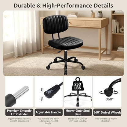 Swivel Rolling Office Chair, Armless Pu Leather Vanity Chair with Back Lumbar Support Height Adjustable Computer Chair, Small Desk Chair for Home Office, Black - color: Black