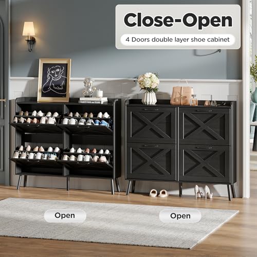 Maupvit Large Shoe Storage Cabinet with 4 Flip Drawers, Narrow Shoe Cabinet for Entryway with Wooden Legs, Freestanding Hidden Shoe Rack Organizer ＆ Metal Hinges, Black - color: Black, style: 4-Drawers