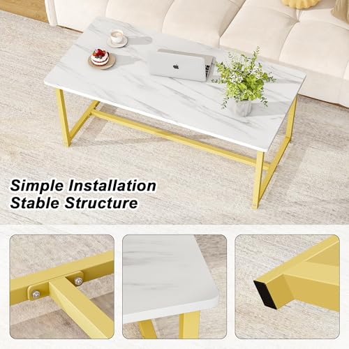 35.4" Rectangular Coffee Table, Modern Industrial Style Coffee Table Center Table with Metal Frame for Small Space Living Room, Apartment, Office, Easy Assembly, White - color: White