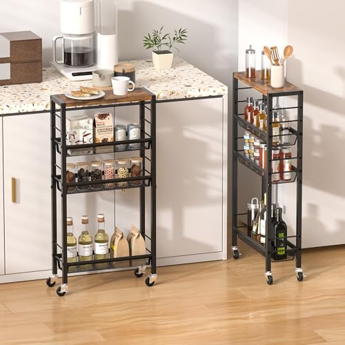 Slim Rolling Cart, 4-Tier Narrow Kitchen Storage Cart, Slim Utility Cart on Wheel, Skinny Bathroom storage cart with Wood Tabletop, 6.0" Deep, For Kitchen, Dining Room, Living Room, Laundry Room
