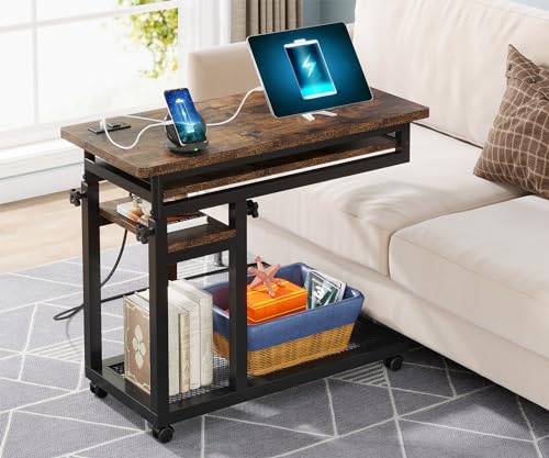 Tribesigns Small Portable Desk with Power Outlet, Height Adjustable Sofa Couch Bedside Laptop Table with Wheels, Mobile Standing Desk Rolling Computer Cart C Side Table with USB Ports - color: Brown