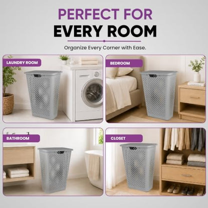Superio 45L Slim Laundry Hamper with Lid, Perforated Plastic Clothes Basket, Modern Space-Saving Design, Sturdy Laundry Bin with Ergonomic Handles, Grey - color: Grey, size: 1 Pack, style: Laundry Hamper - 45L