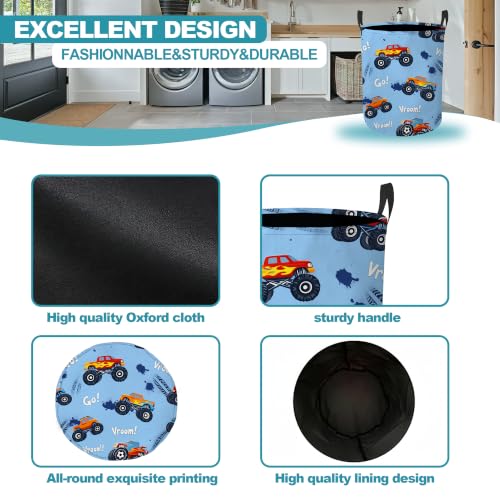 Blue Truck Collapsible Laundry Hamper,Racing Theme Waterproof Oxford Cloth Clothes Basket with Handles for Bathroom Bedroom Nursery Dorm Room,16" x 20" - color: Blue Truck,Racing Theme