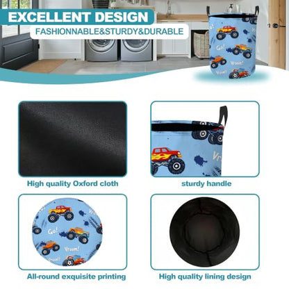 Blue Truck Collapsible Laundry Hamper,Racing Theme Waterproof Oxford Cloth Clothes Basket with Handles for Bathroom Bedroom Nursery Dorm Room,16" x 20" - color: Blue Truck,Racing Theme