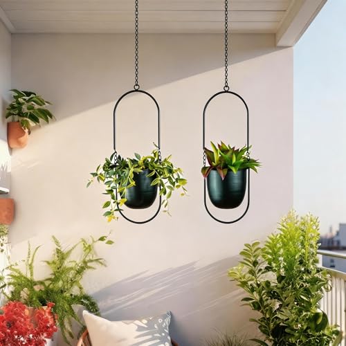 Modern Metal Hanging Planters with 6 Inch Pots and Sleek Chains - Set of 2 Oval Geometric Plant Hangers - Black Wall and Ceiling Mount Flower Holders for Indoor Décor - size: OVAL-6 INCH POT-V2