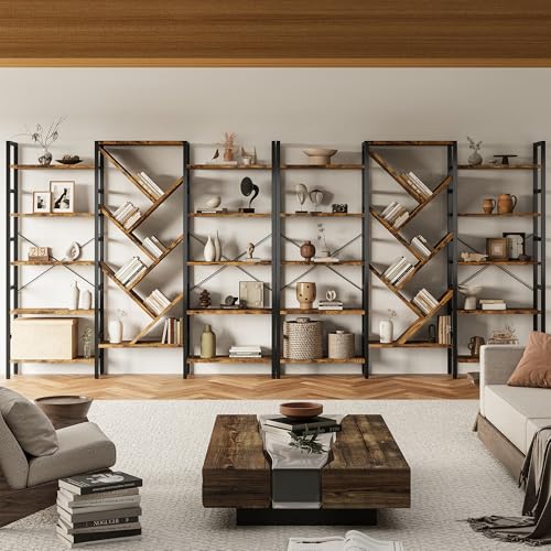 70x70 Triple 5 Tier Book Shelf, Large Wooden Bookcase with 17 Open Display Shelf, Modern Tree Bookshelf Metal Frame Tall Book Case Furniture for Living Room Bedroom Home Office Rustic Brown - color: Brown, size: 5 tier